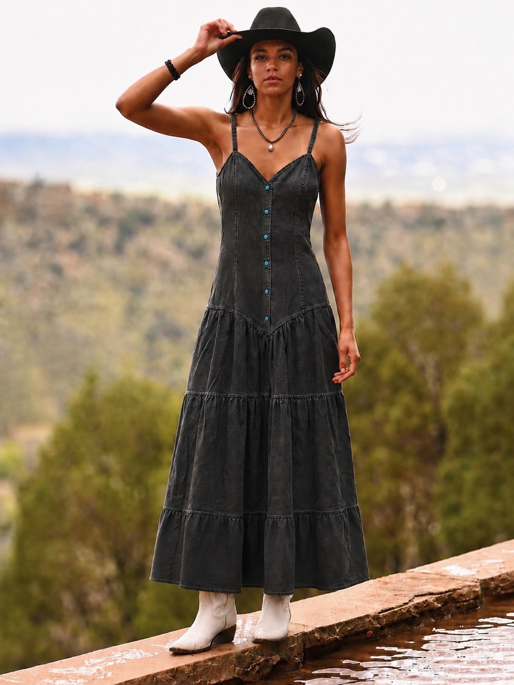 Vintage Panhandle Slim Western Denim Dress 14 Black 100% Cotton Made In USA Y2K